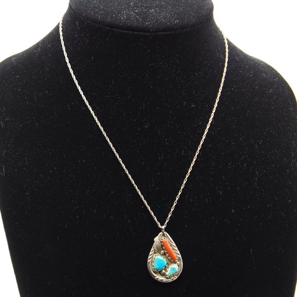 F Cheama Vintage Zuni Sterling Silver Pendant Necklace Turquoise and Coral - Picture 2 of 7